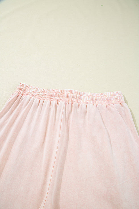 Mineral Wash Flower Applique Drawstring Cropped Wide Leg Pants